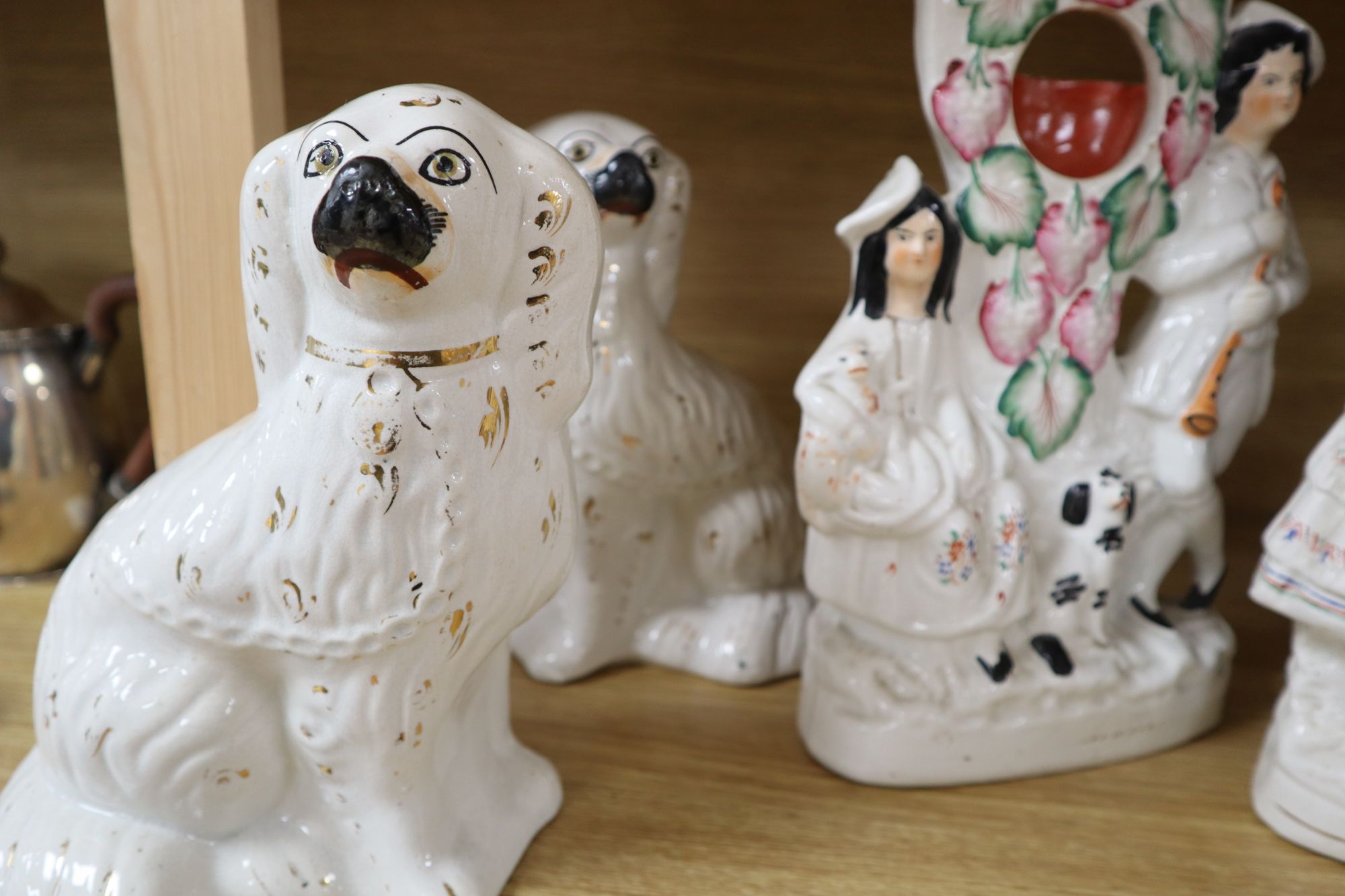 Seven Victorian Staffordshire flatbacks, tallest 33cm